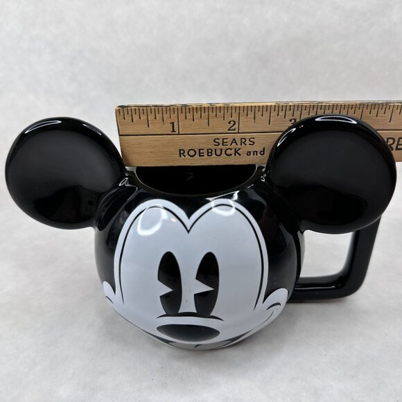 Vintage Disney Mickey Mouse Ceramic Mug W/ Spoon Black & White 3D Ears D Handle - Picture 8 of 16